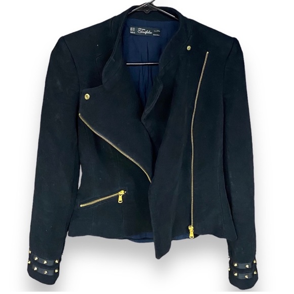 ZARA Trafaluc Spiked Cotton Velvet Asymmetrical Zip Front Utility Jacket Sz S - Picture 2 of 15